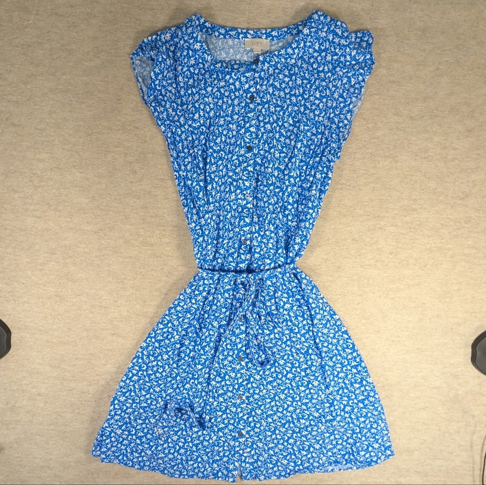 LOFT Blue & White Button Down Floral Flutter Tie Waist Mini Dress Size 12